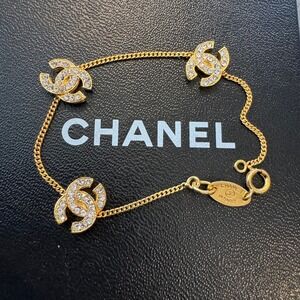 Chanel CC Logo Crystal Chain Bracelet 1982 24k Gold Plated Authentic